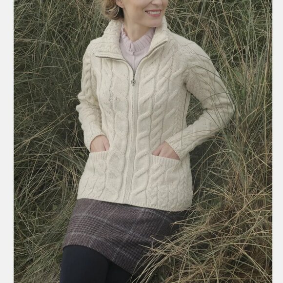 Aran Woollen Mills 100% Merino Wool Cable Knit Long Cardigan Sweater Jacket Coat - Picture 10 of 12